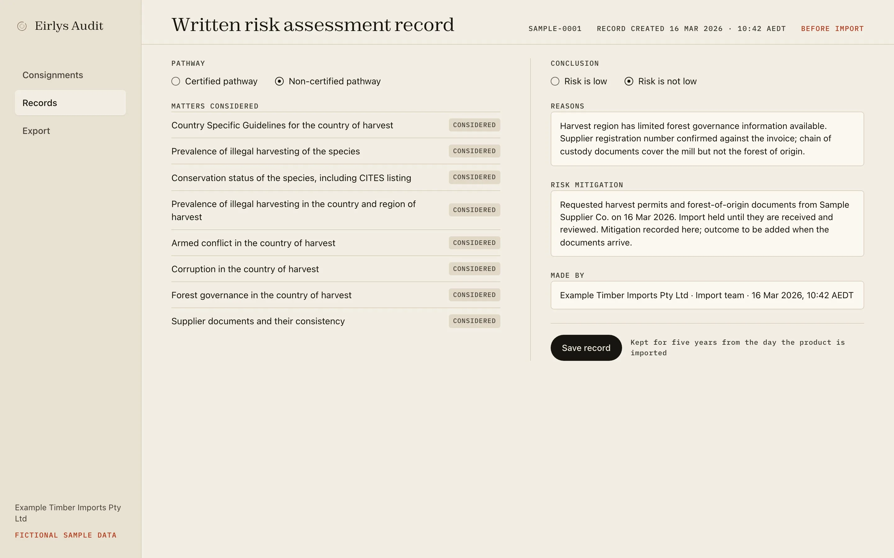 Design mock-up of an Eirlys Audit written risk assessment record with fictional sample data