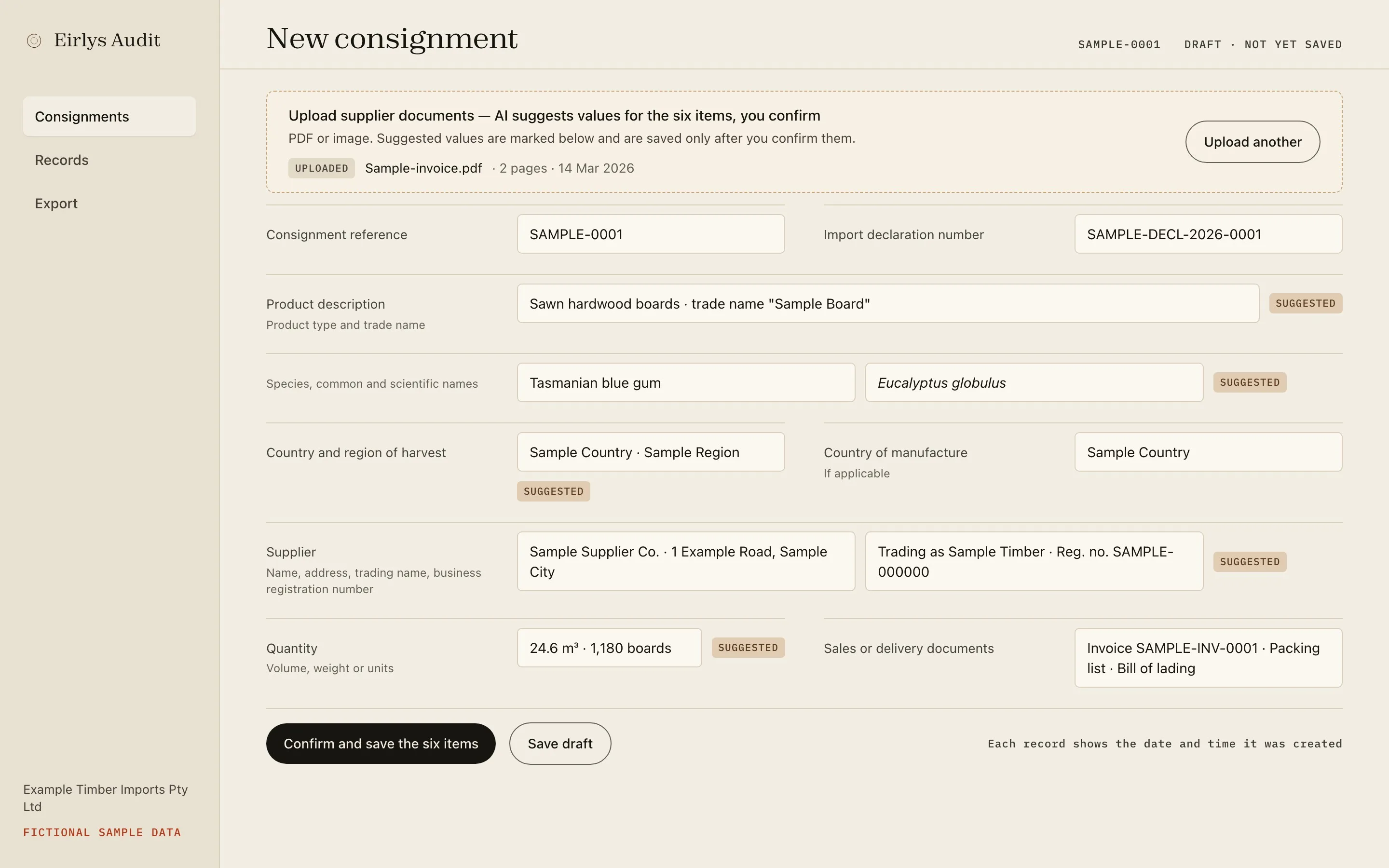 Design mock-up of the Eirlys Audit consignment form with the six items of information and fictional sample data