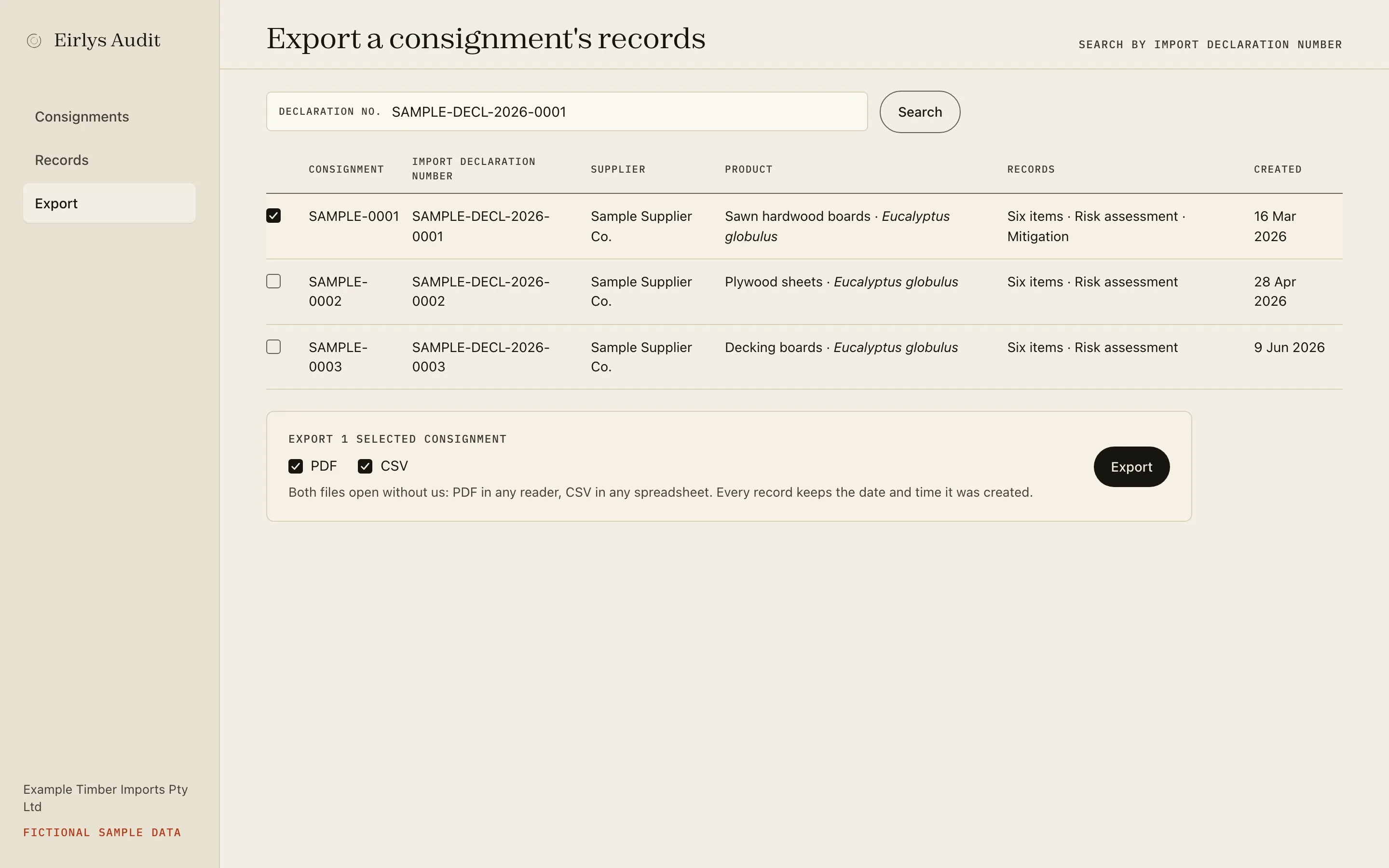 Design mock-up of the Eirlys Audit export screen, one consignment found by its declaration number, with fictional sample data